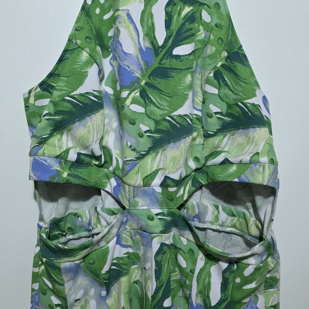 Madden NYC Romper Fit & Flare Green Tropical Leaf Cut Out Halter Boho Summer - Picture 8 of 16